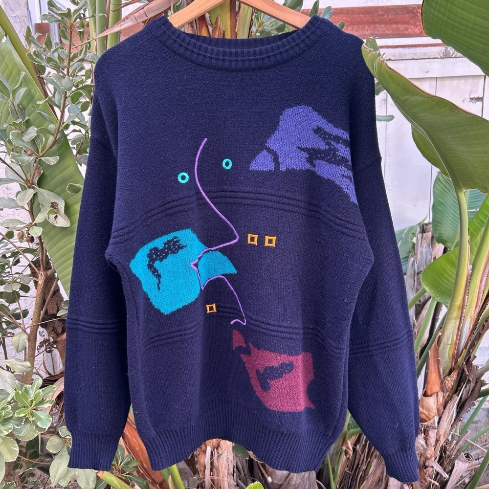 Vintage 1980s Kennington Italia Abstract Face Sweater Navy Wool Blend (21x27)